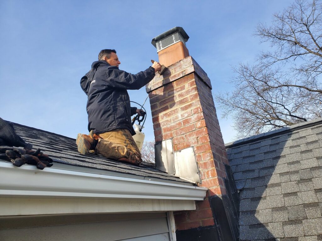 A worker on a roof inspecting a chimney for potential leaks and water damage at Barbera Home Improvement in Parma, OH.
