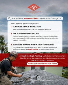 A worker inspecting a storm-damaged roof for potential water damage at Kapili Roofing & Painting in Waipahu, HI.
