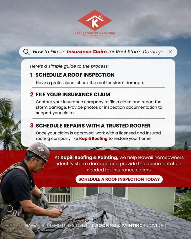 A worker inspecting a storm-damaged roof for potential water damage at Kapili Roofing & Painting in Waipahu, HI.