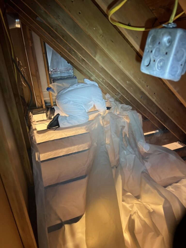 A worker in a hazmat suit performing mold remediation in an attic or crawl space for RestoPros Hudson County in Jersey City, NJ.