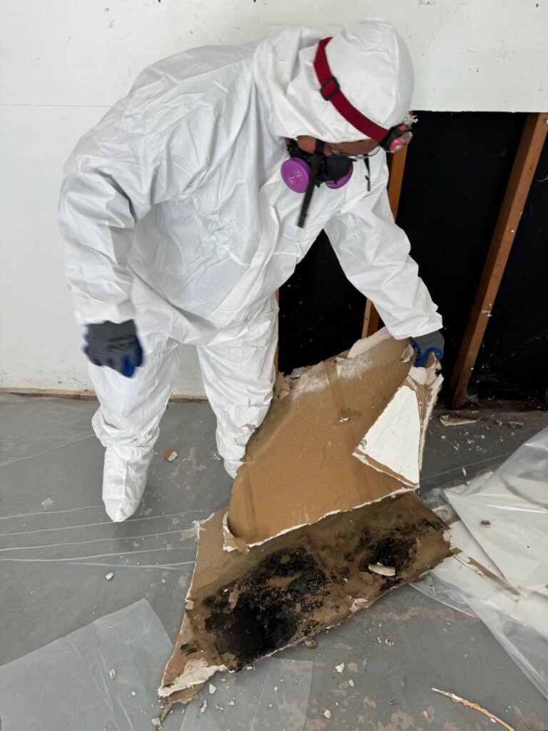 A worker in a hazmat suit removing moldy drywall during water damage remediation by RestoPros of Hartford in West Hartford, CT.
