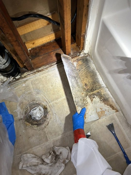 A worker in a hazmat suit removing moldy and water-damaged flooring during restoration by Utah Home Restoration in Springville, UT