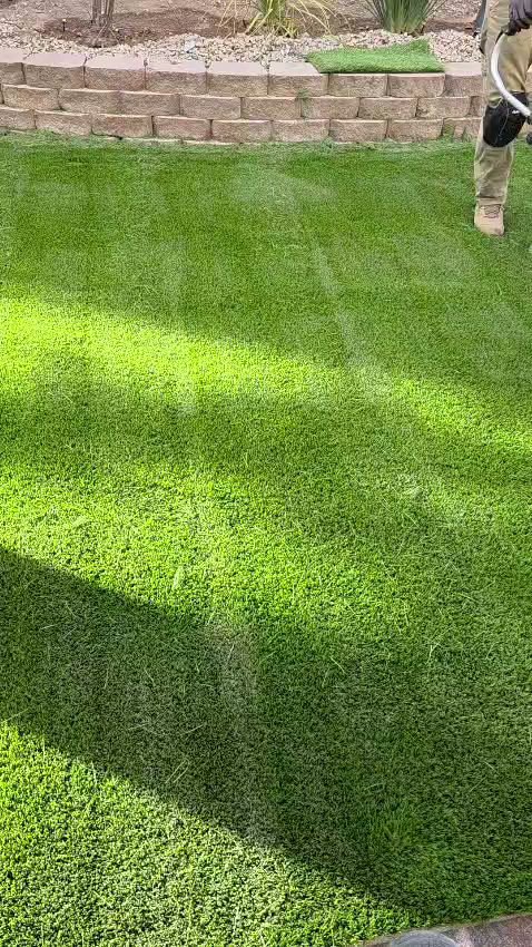 A worker using a string trimmer to edge artificial turf for Jireh landscaping and maintenance in Henderson, NV