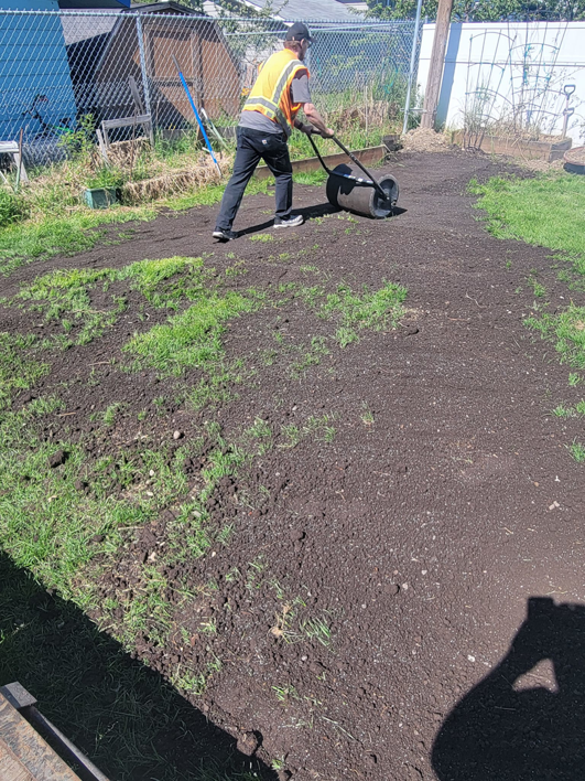 A worker using a lawn roller for soil preparation at a property by Total Lawn Care Service in Littleton, CO.