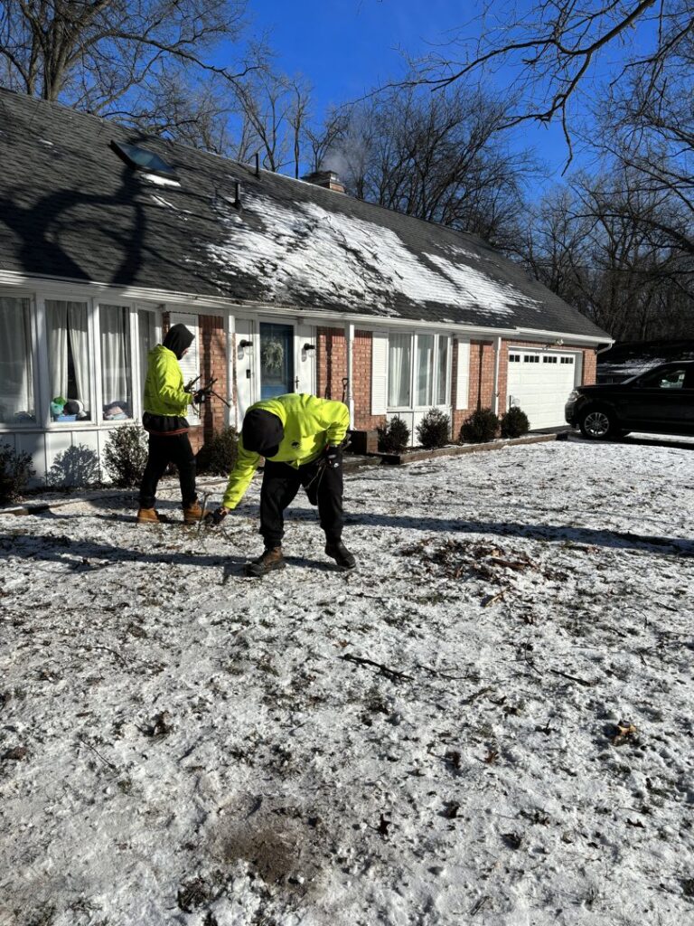 Two workers from Cox's Tree and Lawn Care LLC clearing patchy snow from a residential lawn in Toledo, OH.
