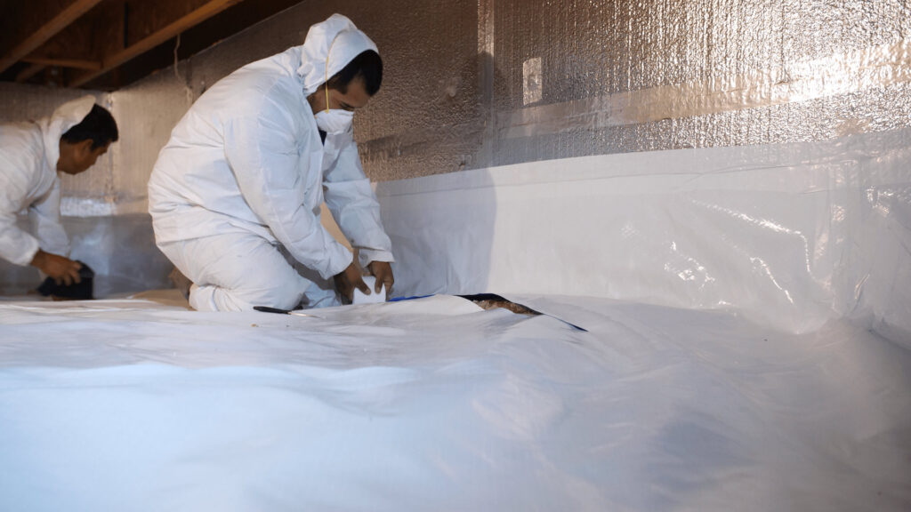 Two workers installing a crawl space vapor barrier for Waterdry Indiana in South Bend, IN