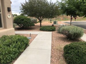 A xeriscape front yard design with decorative gravel and drought-tolerant shrubs by Pro Scape in Eustis, FL.